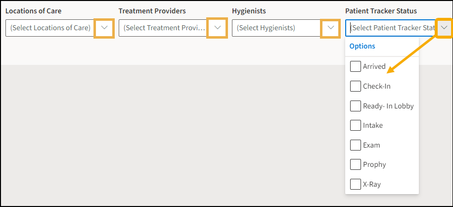 Appointment - no encounters report filter options with yellow highlight boxes around the drop-down arrows for the location of care, treatment providers, hygienists, and patient tracker status.